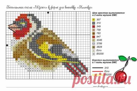 a cross stitch pattern with a bird on it's back and an apple next to it