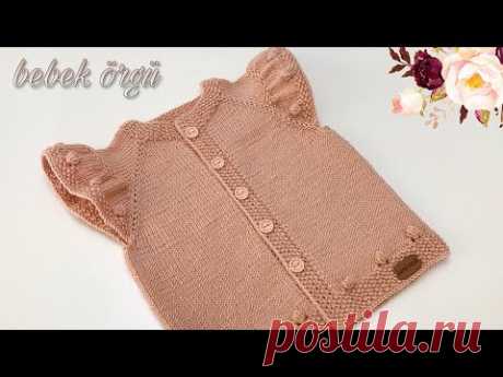 Kolları fırfırlı baştan sona ayrıntılı anlatımla güzel kız bebek yeleği, knitted vest for baby girl
