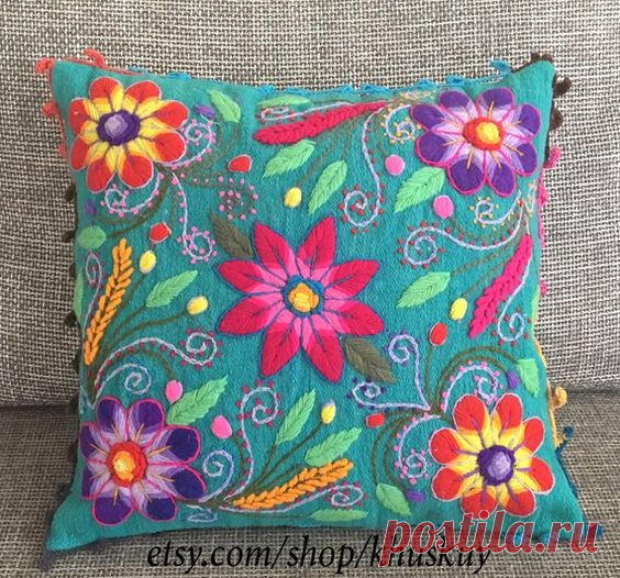 Boho Embroidered Pillow,wool,peruvian textile,embroider flowers pillow,16 x 16 handmade turquoise pi