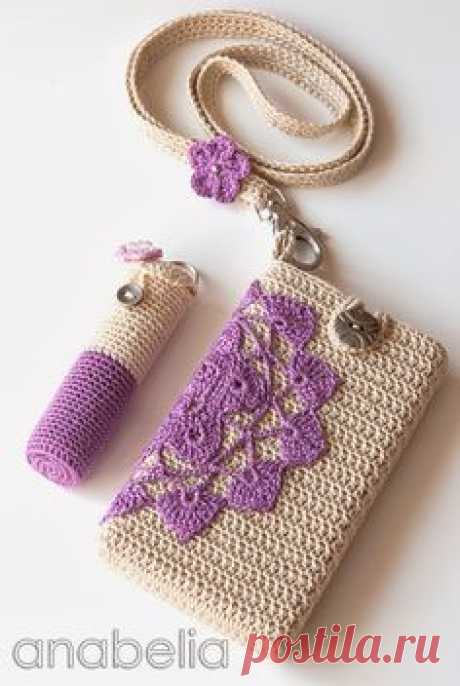 Crochet smartphone and lipstick covers by neckband by Anabelia