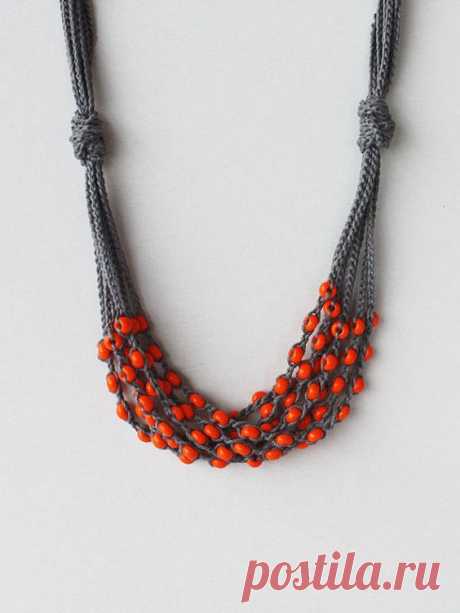 Grey orange necklace Crochet beaded necklace Gift for her Rustic jewelry Multi strand cotton necklace with glass beads