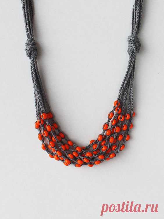 Grey orange necklace Crochet beaded necklace Gift for her Rustic jewelry Multi strand cotton necklace with glass beads
