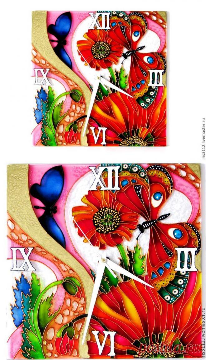 Купить "Маковый цвет" Часы Витражная роспись стекла - разноцветный, часы настенные, часы интерьерные