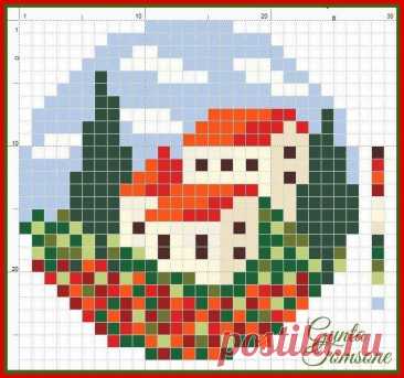 a cross stitch pattern with the image of a house and trees in red, white and green