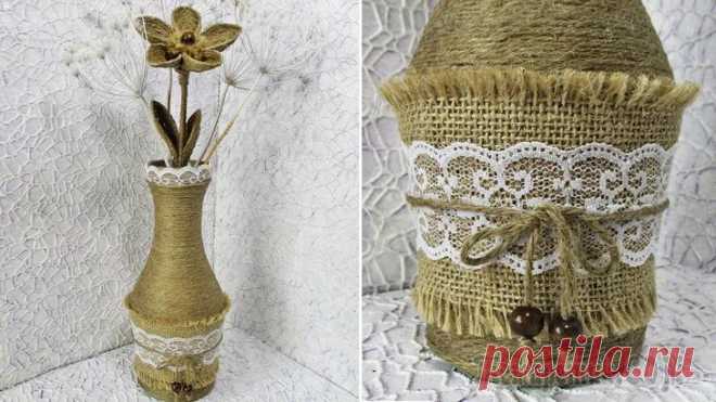 Ваза своими руками из бутылки. Цветы из джутовой нити