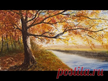 Как рисовать осеннее дерево акварелью. How to paint autumn tree with watercolour