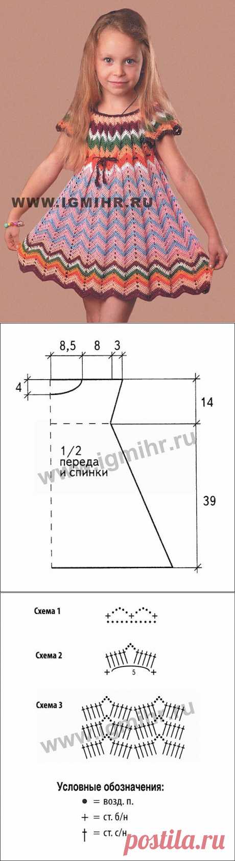 Нарядное летнее платье с узором зигзаг для девочки 5-6 лет. Крючок