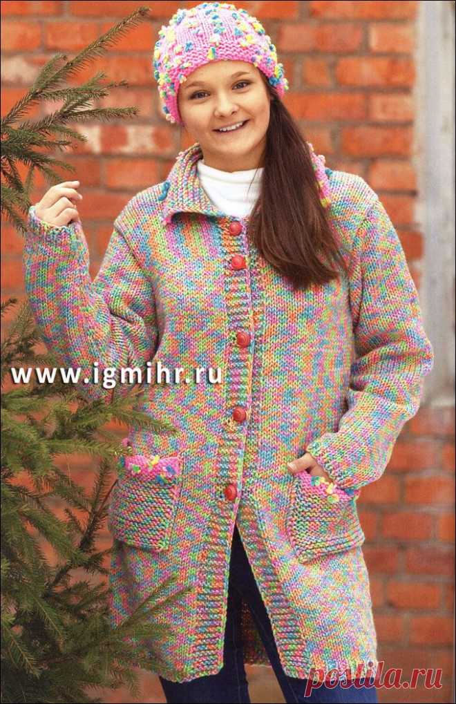 Теплый комплект: пальто и шапочка в розово-зеленых тонах. Спицы