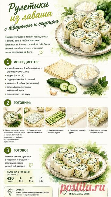 Рулетики из лаваша с творогом и огурцом