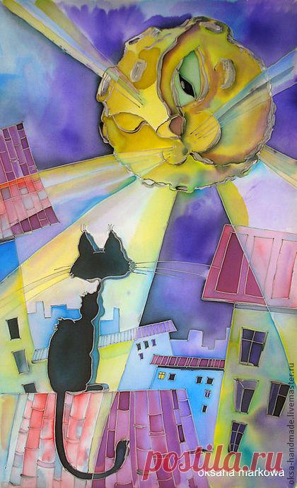 Купить Лунный кот - тёмно-фиолетовый, панно, панно на стену, панно в детскую, Батик