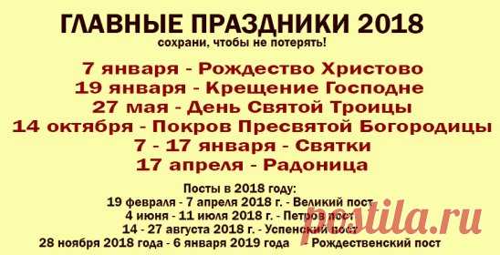 Православные праздники и посты в 2018 г.
• Светлое Христово Воскресение (Пасха) -  8 апреля 2018 года
• 7 января - Рождество Христово
• 19 января - Крещение Господне (Богоявление)
• 15 февраля - Сретение Господне
• 7 апреля - Благовещение Пресвятой Богородицы
• 19 августа - Преображение Господне
• 28 августа - Успение Пресвятой Богородицы
• 21 сентября - Рождество Пресвятой Богородицы
• 27 сентября - Воздвижение Креста Господня
• 4 декабря - Введение во храм Пресвятой Богородицы
 
Двунадесятые п