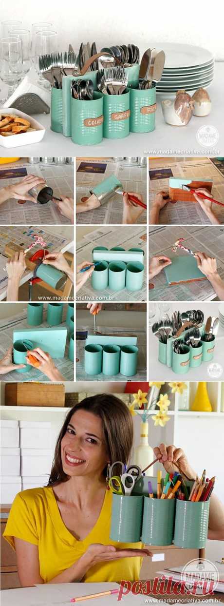 Органайзер для столовых приборов из железных банок.