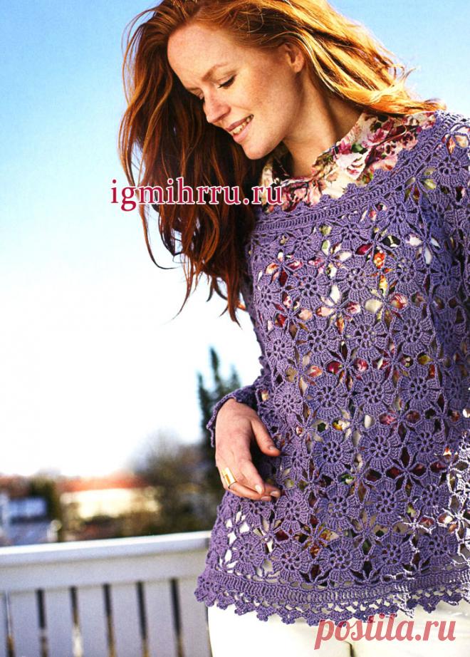 Кружевная туника цвета лаванды с цветочными мотивами. Вязание крючком