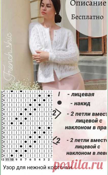 ​ Белая кофточка с ажурным узором спицами — классика женственности