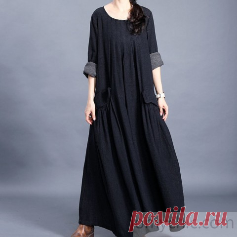 Bohemian o neck pockets cotton linen spring dress Work black Dresses