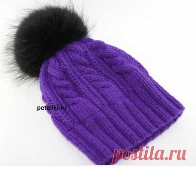 Шапка спицами с меховым помпоном | петелики