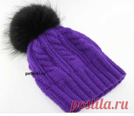 Шапка спицами с меховым помпоном | петелики