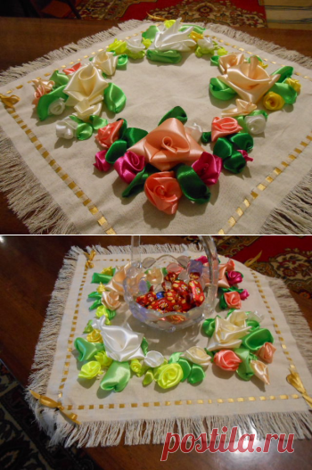 Очень красивая вышивка салфетки лентами. - делаем своими руками