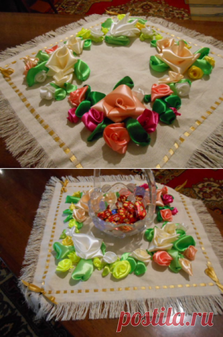 Очень красивая вышивка салфетки лентами. - делаем своими руками