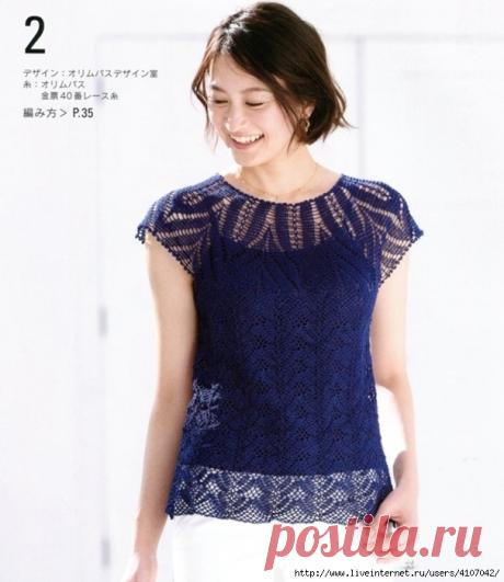 СИНИЙ АЖУРНЫЙ ТОП С КРУГЛОЙ КОКЕТКОЙ