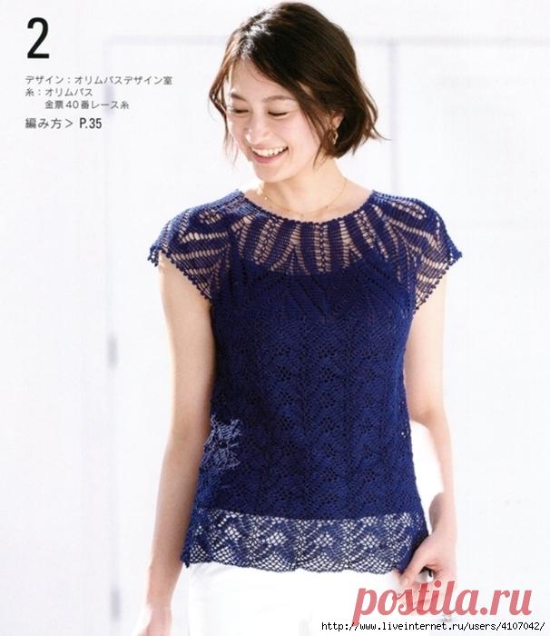 СИНИЙ АЖУРНЫЙ ТОП С КРУГЛОЙ КОКЕТКОЙ