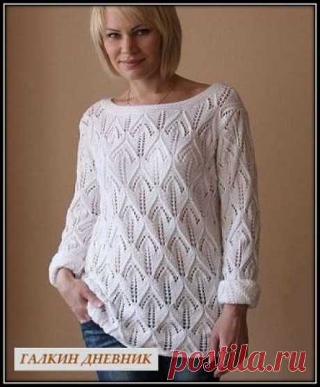 Красивый ажурный узор спицами для вязания летнего пуловера (28) Красивый ажурный узор для вязания спицами с крупными листьями с описанием вязания для начинающих