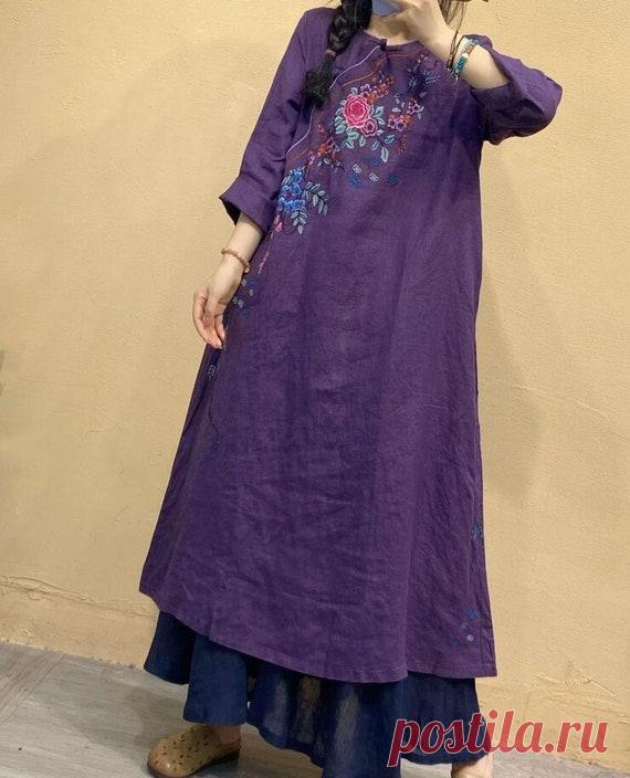 Linen longsleeved dress woman gown Linen robe Vintage | Etsy 【Fabric】 Linen 【Color】 Purple, navy blue, rose red, orange 【Size】 Shoulder width 41 cm / 16 Bust 108cm / 42 Length 109cm / 43  Washing & Care instructions: -Hand wash or gently machine washable do not tumble dry -Gentle wash cycle (40°C) -If you feel like ironing (although should not be necessary) ,