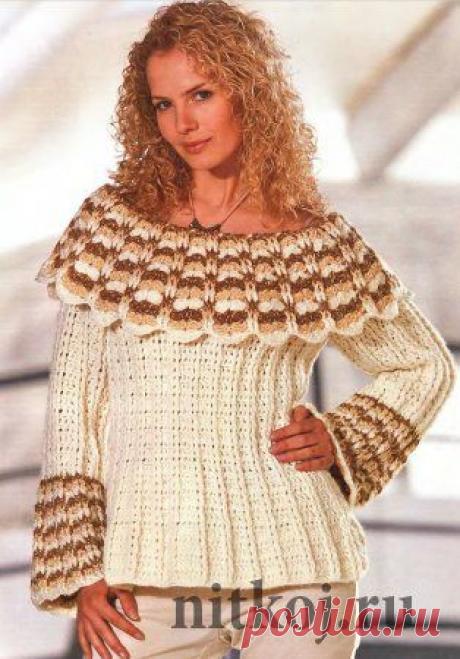Вязание пуловера крючком с широким воротником » Ниткой - вязаные вещи для вашего дома, вязание крючком, вязание спицами, схемы вязания