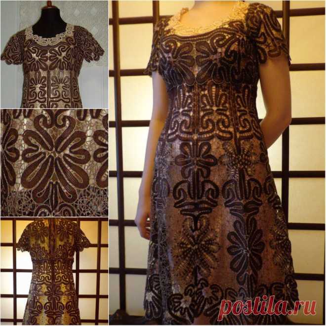 Платье кружевное "Шоколад" сплетено на коклюшках.Нитка хлопок коричневого и бежевого цвета .