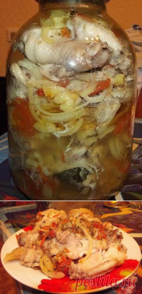 Курица в банке. Курица готовится в банке без воды и масла, в собственном соку.Вам потребуется:

курица (1,2-2 кг)
соль
перец горошком душистый и черный
лавровый лист
1 большая луковица
1 помидор
1 болгарский перец
(насчет овощей - возможны самые разные варианты!)
1 трехлитровая банка
крышка жестяная для консервирования