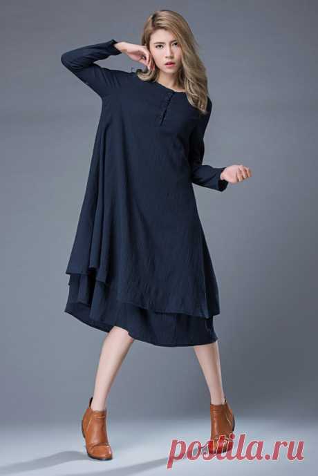 Navy Linen Dress Navy Blue Linen Midi Summer Dress от YL1dress