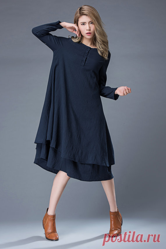 Navy Linen Dress Navy Blue Linen Midi Summer Dress от YL1dress