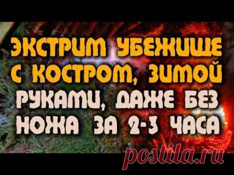 Ночевка зимой в лесу. Убежище в лесу - шалаш, который не сгорит, с костром и камином внутри.