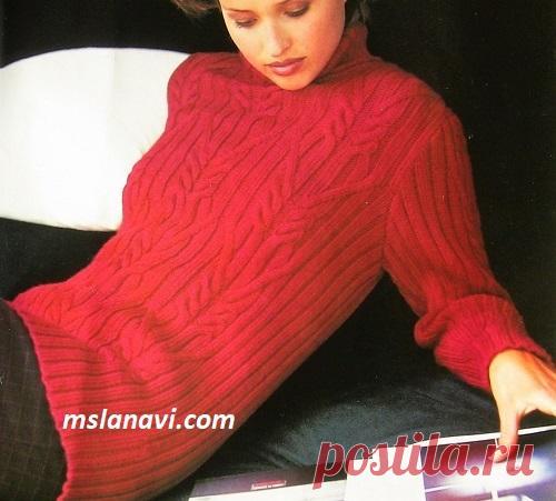 Красный свитер витыми аранами - Вяжем с Лана Ви Красный свитер связан витыми аранами, имеет высокий воротник и прямой силуэт. Вяжите с удовольствием! Красный свитер спицами (Перевод с французского мой. Все вопросы можно задать в комментариях). РАЗМЕРЫ: европейские: 1) 34-36, 2) 38-40, 3) 42-44, 4) 46-48 российские: 1) 40-42, 2) 44-46, 3) 48-50, 4) 52-54 НЕОБХОДИМО: пряжа Phildar, PHIL LAINE, цвет — CARMIN (красный); количество мотков для групп размеров 1) 11, 2) 12, 3) 12,...