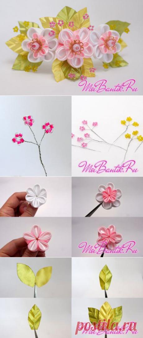 Ободок в технике Цумами канзаши «Золотая сакура»