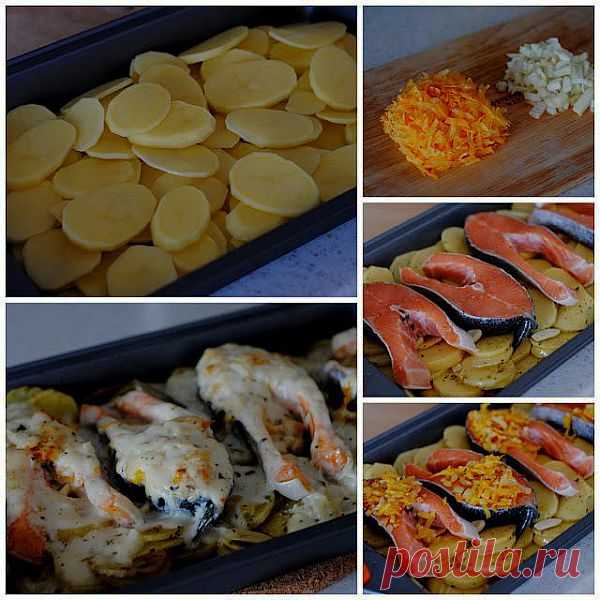 Форель под чесночным соусом, запеченая на картофельной "подушке".