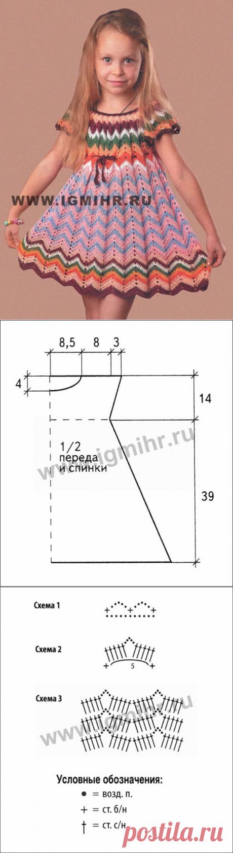 Нарядное летнее платье с узором зигзаг для девочки 5-6 лет. Крючок