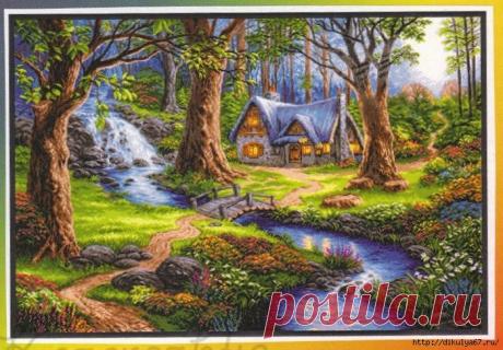 Домик в лесу. Вышивка крестиком