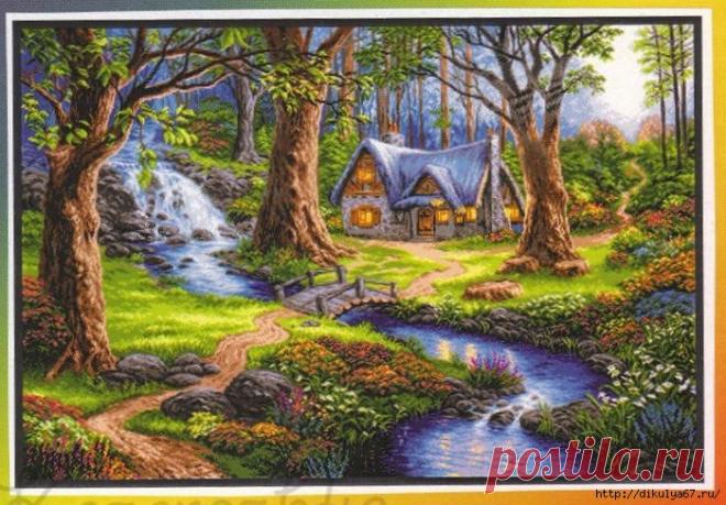 Домик в лесу. Вышивка крестиком