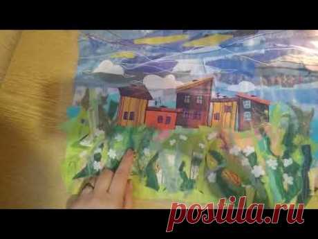 ПАННО -КАРТИНА ИЗ ЛОСКУТОВ ТКАНЕЙ/ ЛЕТО ДОМИКИ ГОЛУБОЕ НЕБО (2)