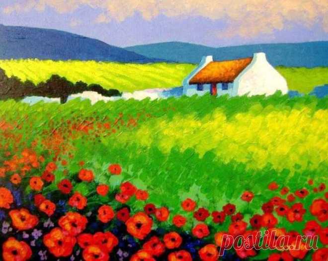 gelsomina - Painting - Irish-cottage-poppy-field-Ireland-painting-art-John-Nolan