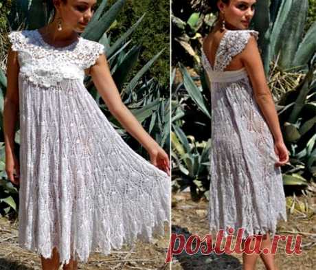 Вязаное крючком платье с ажурной кокеткой. Схема