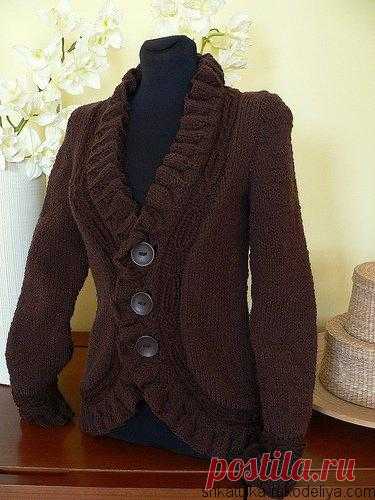 Шоколадный жакет спицами Шоколадный жакет спицами с фалдами. Элегантный жакет спицами с описанием.    