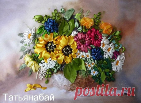Объёмный возвратный стежок (бэкститч) в вышивке лентами