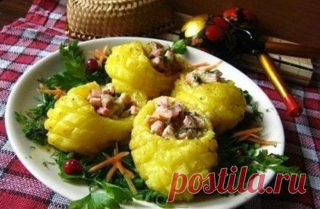 Горячая закуска  Лапти 
Ингредиенты: 
Картофель(средний)-4шт
Ветчина-40г
Сыр полутвердый-20-30г
Зелень(ассорти)-1пуч.
Приправа для картофеля(по вкусу)
Масло растительное(немного)
Чеснок(маленький)-1зуб.
Картофель очистить, придать форму лаптя, при помощи ножа и острой чайной ложк