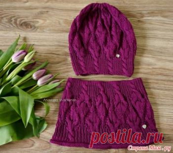Шапка и снуд для девочки Tulpen,  Вязание для детей На раннюю весну связался скромный комплект из хлопковой пряжи. Под шапкой-чулком спокойно будут прятаться хвостики и "корзиночка". В процессе вязания сделала