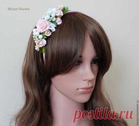 Купить Ободок с цветами "Вальс любви". Полимерная глина. - бледно-розовый, ободок с цветами