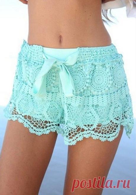 Green Plain Drawstring Bow Wavy Edge High Quality Hem Crochet Beach Lace Shorts