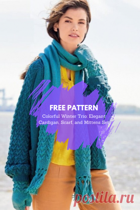 Colorful Winter Trio: Elegant Cardigan, Scarf, and Mittens Set