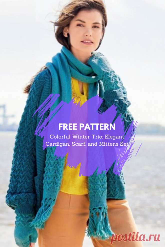 Colorful Winter Trio: Elegant Cardigan, Scarf, and Mittens Set